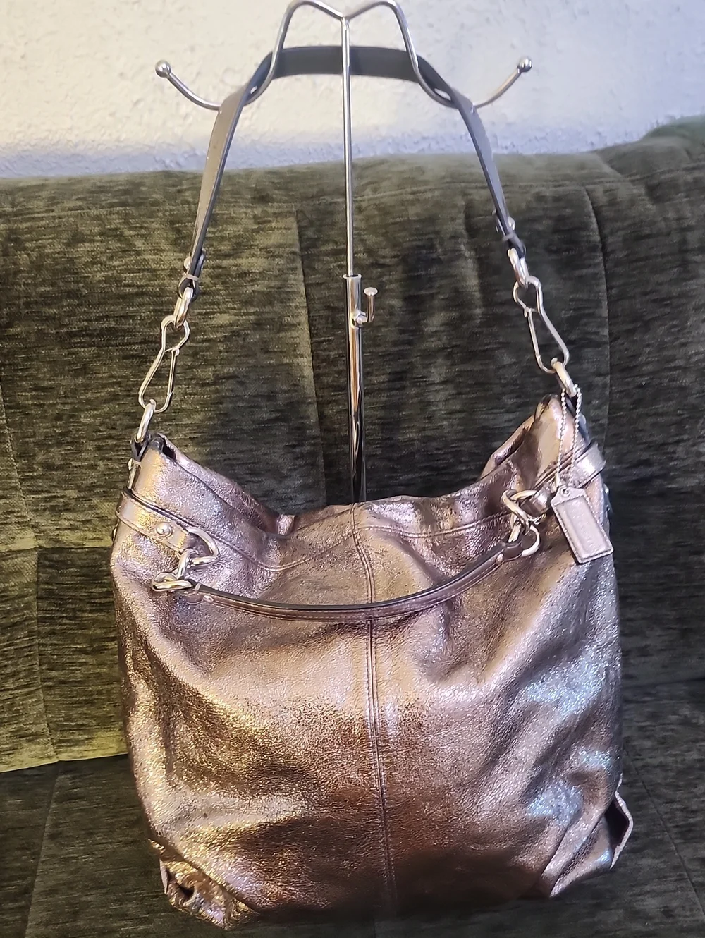 Coach Metallic Pewter Leather Tote - Silver/Brown Tone